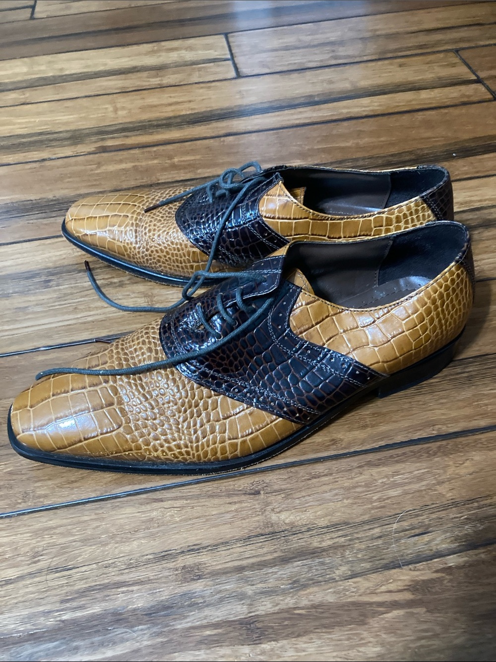 Stacy Adams Two-Tone Croc-Embossed Leather Oxfords - Tan and Brown